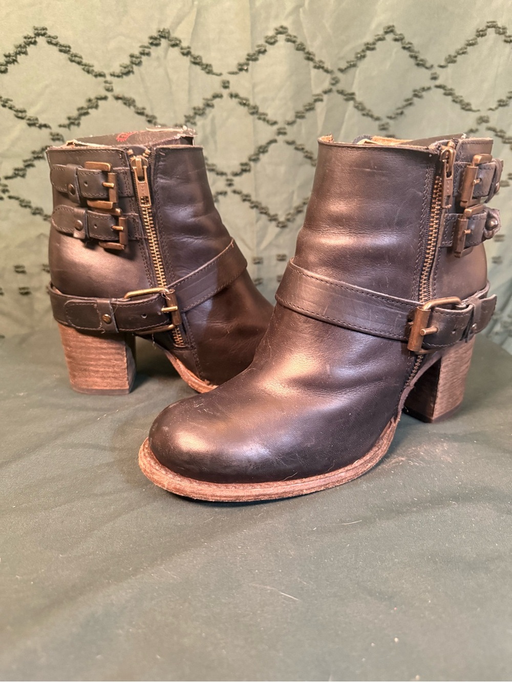 Freebird by Steven Bolo Black Leather Buckle Ankle Boots with Stacked Heel